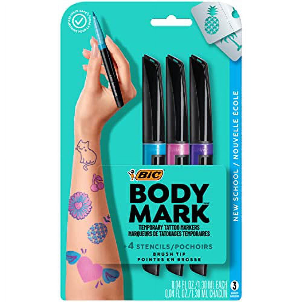 BODYMARK Pastel Colors Temporary Tattoo Marker for Skin, Premium Brush Tip,  5 Count Pack of Assorted Colors and Stencils, Skin-Safe Temporary Tattoo