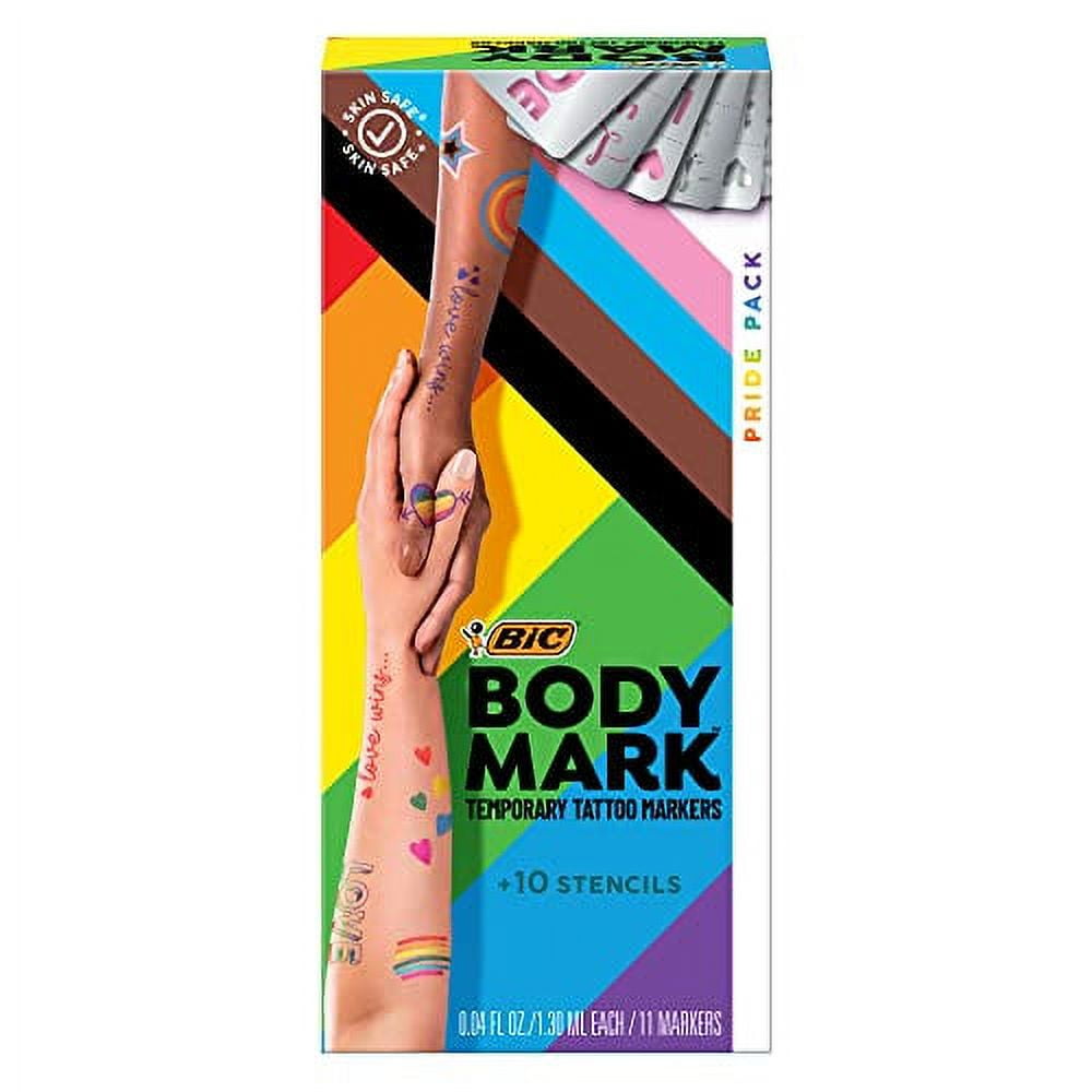 BODYMARK Groovy Pack, Temporary Tattoo Marker for Skin, Premium Brush Tip,  Skin-Safe Temporary Tattoo Markers Set 3-Count Marker Set, 6 Stencil  Designs