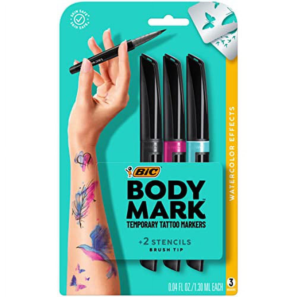  BIC BodyMark Temporary Tattoo Markers for Skin, Watercolor  Effects, Flexible Brush Tip, 3-Count Pack of Assorted Colors, Skin-Safe,  Cosmetic Quality : Beauty & Personal Care