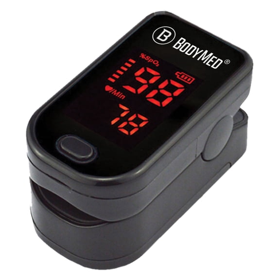 BodyMed Fingertip Pulse Oximeter, Black SpO2 Monitor, 2 AAA Batteries Included