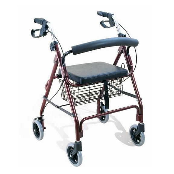 BodyMed Regular Aluminum Rollator, Medical Roller, PVC Soft Seat, Walking Aid, Elder Assistance, Four Wheels, Burgundy with Loop Brakes