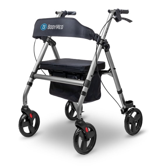 BodyMed Rollator with 8 in. Wheels - Adjustable Padded Seat, Dual Brake System, Compact Folding Design, Suitable for Most Terrains - Mobility Aid for Recovery and Daily Living