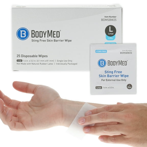BodyMed Skin Barrier Wipes - Ostomy Care Film Wipes for Skin and Wound Cleaning - No Sting Formula - 1.6 in. x 3.2 in., Individually Wrapped, 25 Pack