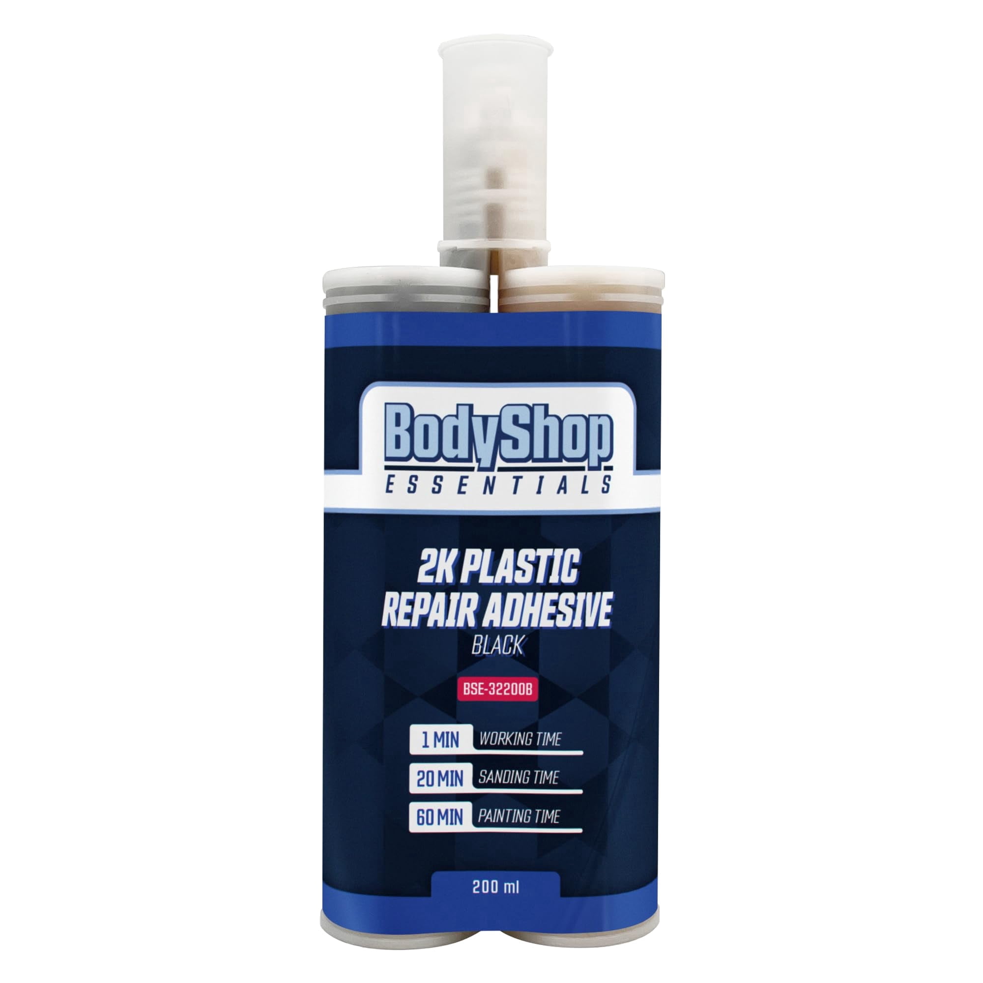 BodyShop Essentials Rigid Automotive Multipurpose Plastic Repair and Adhesive 200ml Cartridge & Two Application Mixing Nozzles (Black)