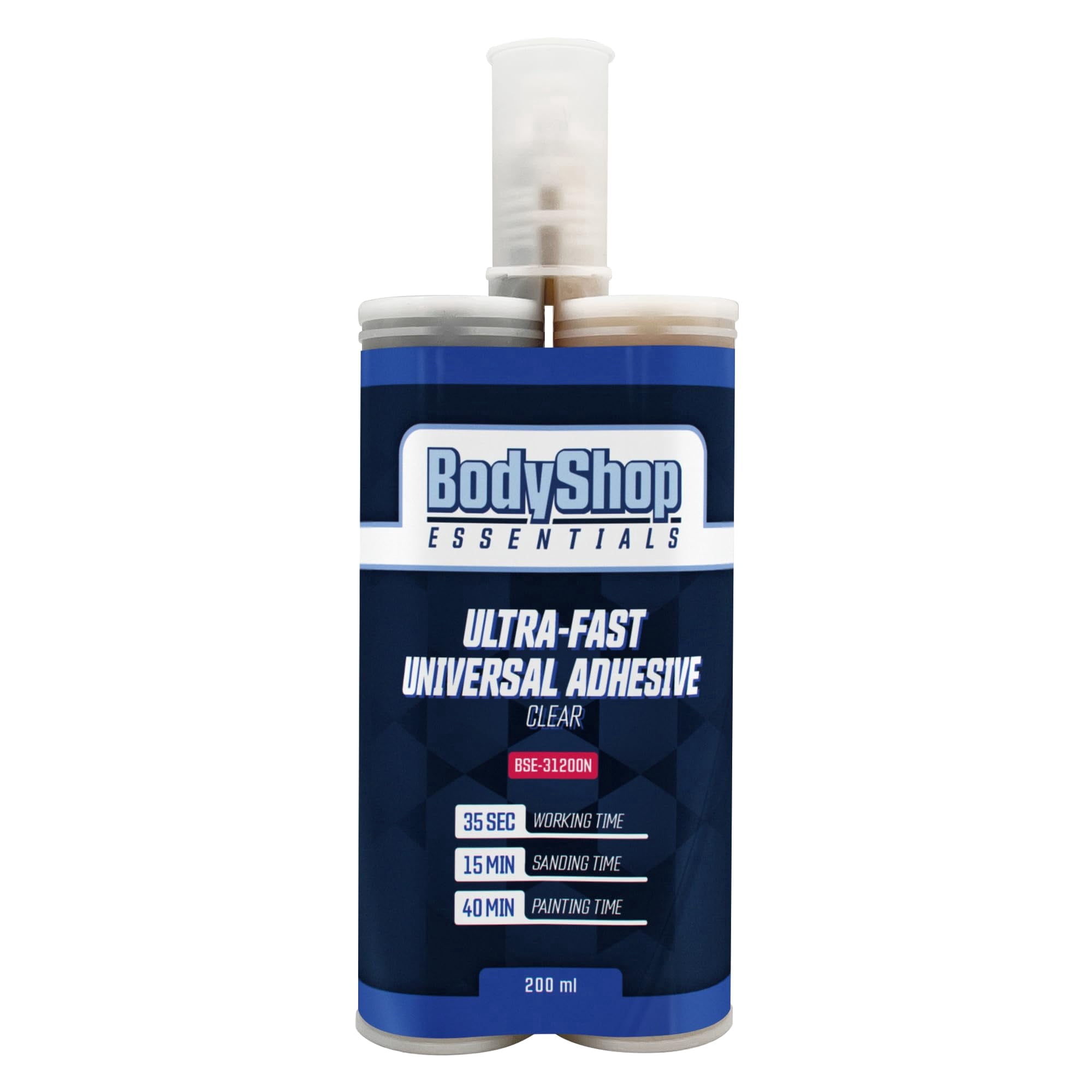 BodyShop Essentials Ultra Fast Automotive Multipurpose Plastic Repair and Adhesive 200ml Cartridge & Two Application Mixing Nozzles (Clear)