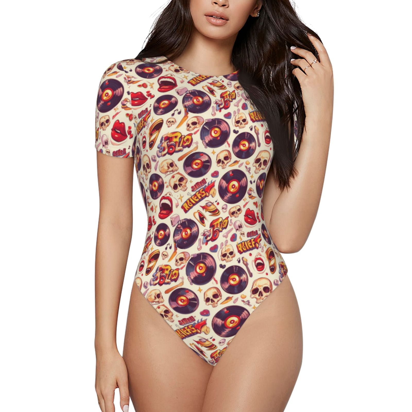 BodySuits for Women rock music Skull record Round Neck Basic Womens Short Sleeve Body Suit Casual T Shirt Tops