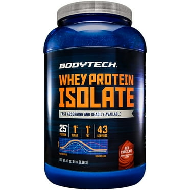BodyTech Whey Protein Isolate Powder - Rich Chocolate Flavor - Premium Protein Supplement for Muscle Growth and Recovery  - Low Carb and High Protein Formula for Performance (3 lbs/ 43 Servings)