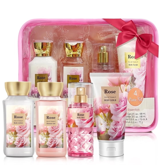 Bodybeau Bath and Body Set 4PCS Rose Scent,with Shower Gel, Body Mist,Body Scrub and Body Lotion