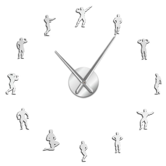 Bodybuilding Large DIY Wall Clock Motivation Training Sports Fitness GYM Decorative Wall Hanging Big Watch Bodybuilders Gift(Silver,27inch)