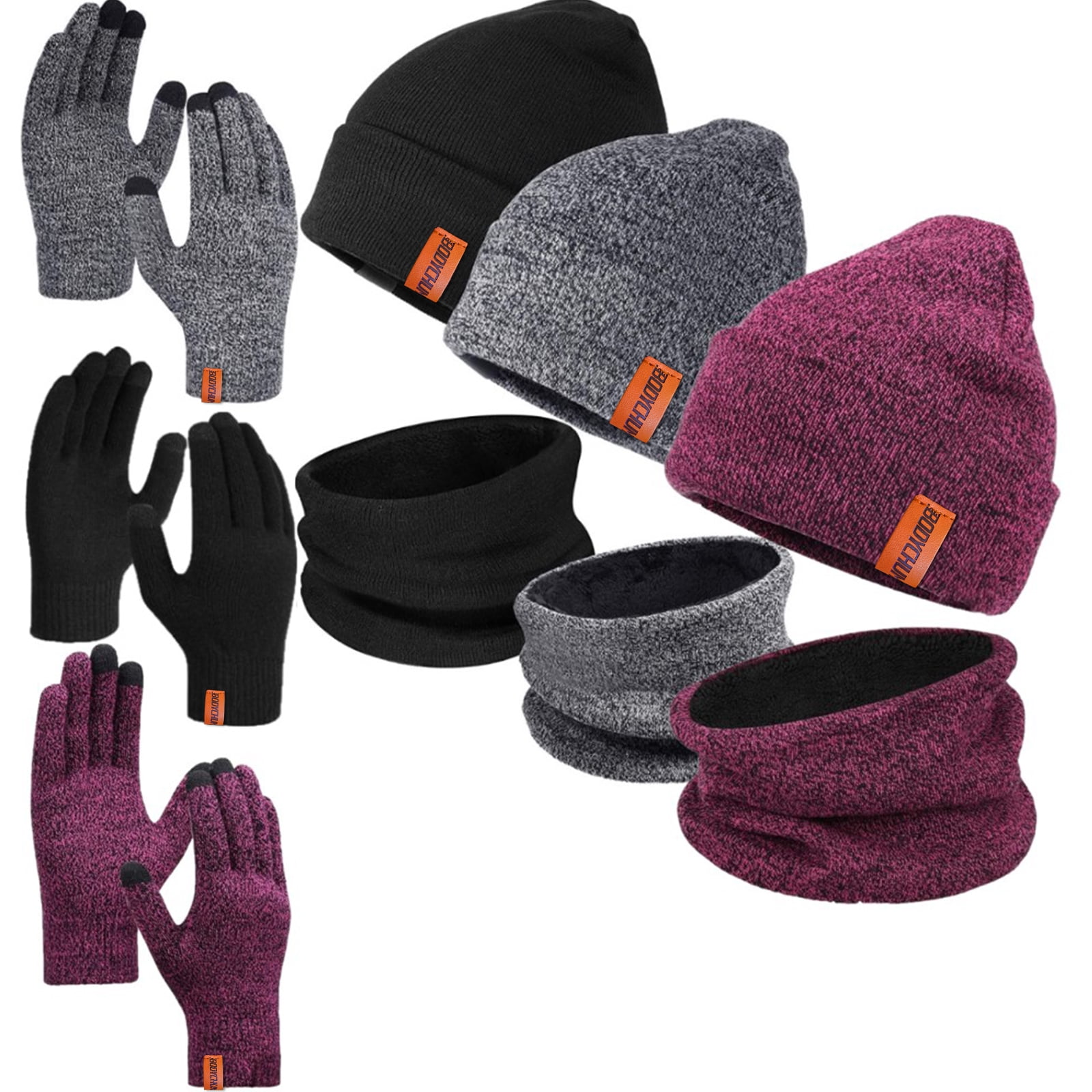 Bodychum 3 Pcs Beanie Hat Scarf Touchscreen Gloves Set for Men Women