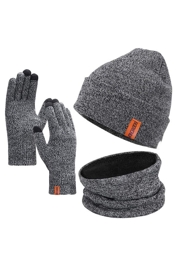 3 Pcs Knit Beanie Hat Scarf and Glove Set for Men and Women, Winter Touchscreen Gloves Fleece Lined Neck Warmer Skull Cap for Skiing, Gray, Christmas Day Gifts