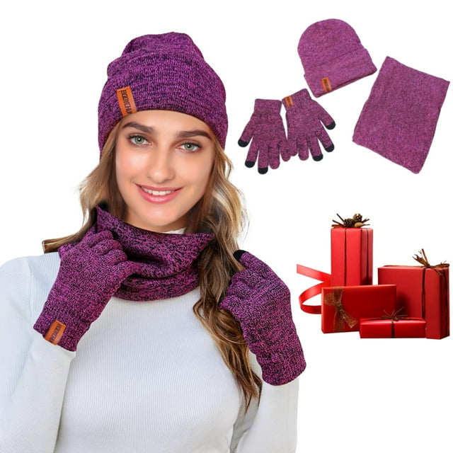 Bodychum 3 Pcs Knit Beanie Hat Scarf and Glove Set for Men and Women