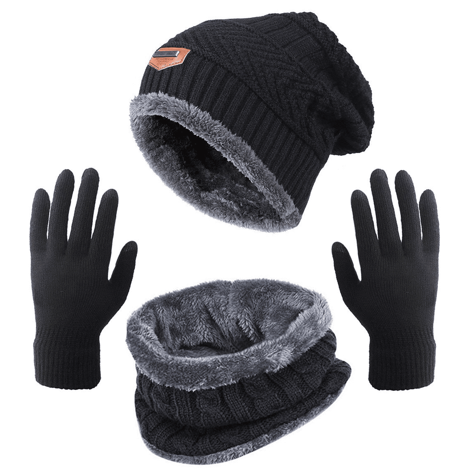 Bodychum 3 Pcs Men's Hat Scarf Gloves Set Warm Beanie Fleece Lining