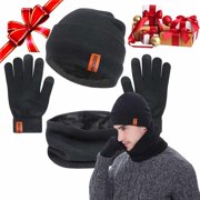 Bodychum 3 Pcs Winter Beanie Hat Scarf Gloves for Men Women, Knit Slouchy Beanie, Touchscreen Mittens Scarf for Skiing Running, Cycling, Hiking- Black, Christmas Day Gifts