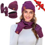 Bodychum 3 Pcs Winter Beanie Hat Scarf Gloves for Men Women, Knit Slouchy Beanie, Touchscreen Mittens Scarf for Skiing Running, Cycling, Hiking- Purple, Christmas Day Gifts