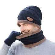 Bodychum 3 Pcs Winter Beanie Hat Scarf Gloves Set for Men Women, Thick Warm Cap Neck Scarf Touchscreen Gloves Fleece Lined Knitted Skull Hat, Blue, Christmas Day Gift