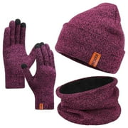 Bodychum Beanie Hat Scarf Touchscreen Gloves for Men and Women, Gloves Neck Warmer with Warm Knit Fleece Lined- Purple, for Skiing, Clearance, Christmas Day Gifts