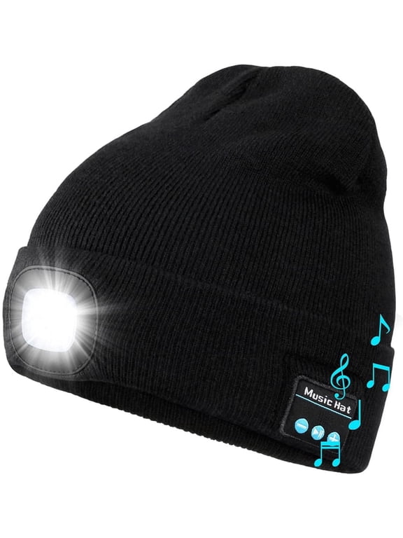 Led Beanie Hat with Light Music Hat Bluetooth Warm Knitted Flashlight Hat for Women Men Outdoor Running Cycling Skiing, Black, Christmas Day Gift