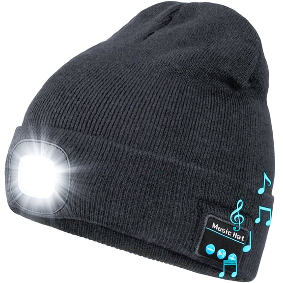 APTOCO Led Beanie Hat with Light Music Hat Bluetooth Warm Knitted Flashlight Hat for Women Men Outdoor Running Cycling Skiing, Gray, Christmas Gifts