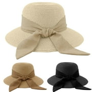 Bodychum Sun Hats for Women Panama Hat Wide Brim Straw Beach Hat UV UPF 50 with Fashion Bow Ribbon Foldable for Traveling- Beige