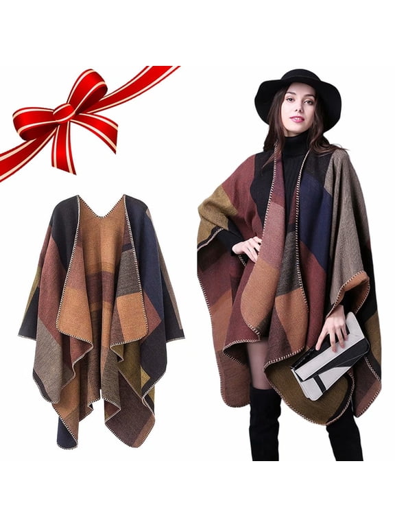 APTOCO Winter Scarf Shawls for Women, Plaid Sweater Poncho Cape Coat Open Front Blanket Shawls and Wraps, Khaki