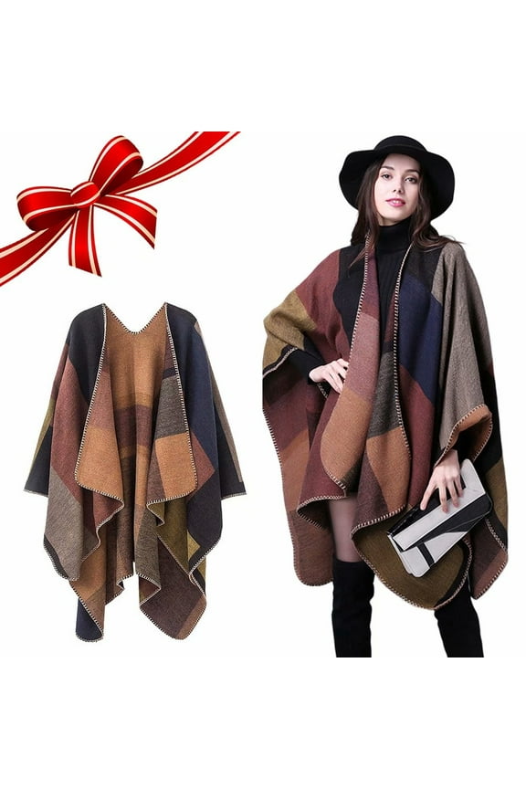 APTOCO Winter Scarf Shawls for Women, Plaid Sweater Poncho Cape Coat Open Front Blanket Shawls and Wraps, Khaki