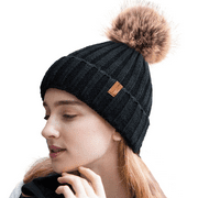 BODYCHUM Winter Beanie Hat for Women with Pompom Warm Fleece Lined, Women Warm Chunky Soft Knit Skull Cap for Skiing, Christmas Gifts for Her, Brown