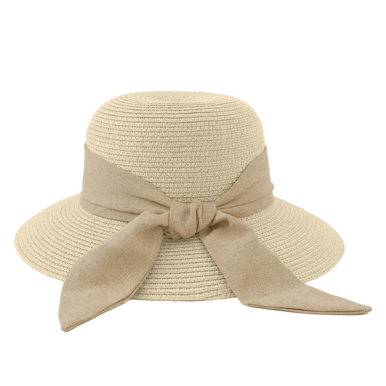 Bodychum Women's Straw Sun Hat Wide Brim Hat Beach Hat with Bow Ribbon  Sweatband Adjustable- Beige 