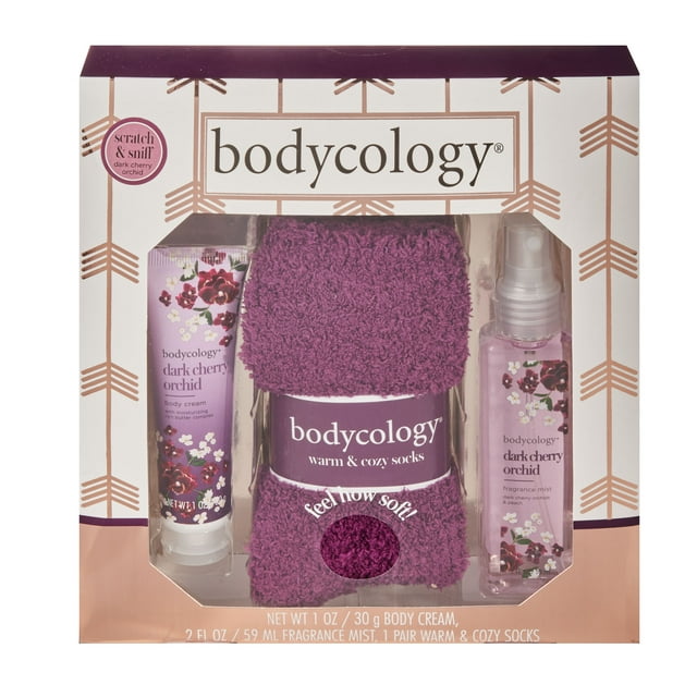 Bodycology 3-Piece Dark Cherry Orchid Fragrance Gift Set with Warm Socks