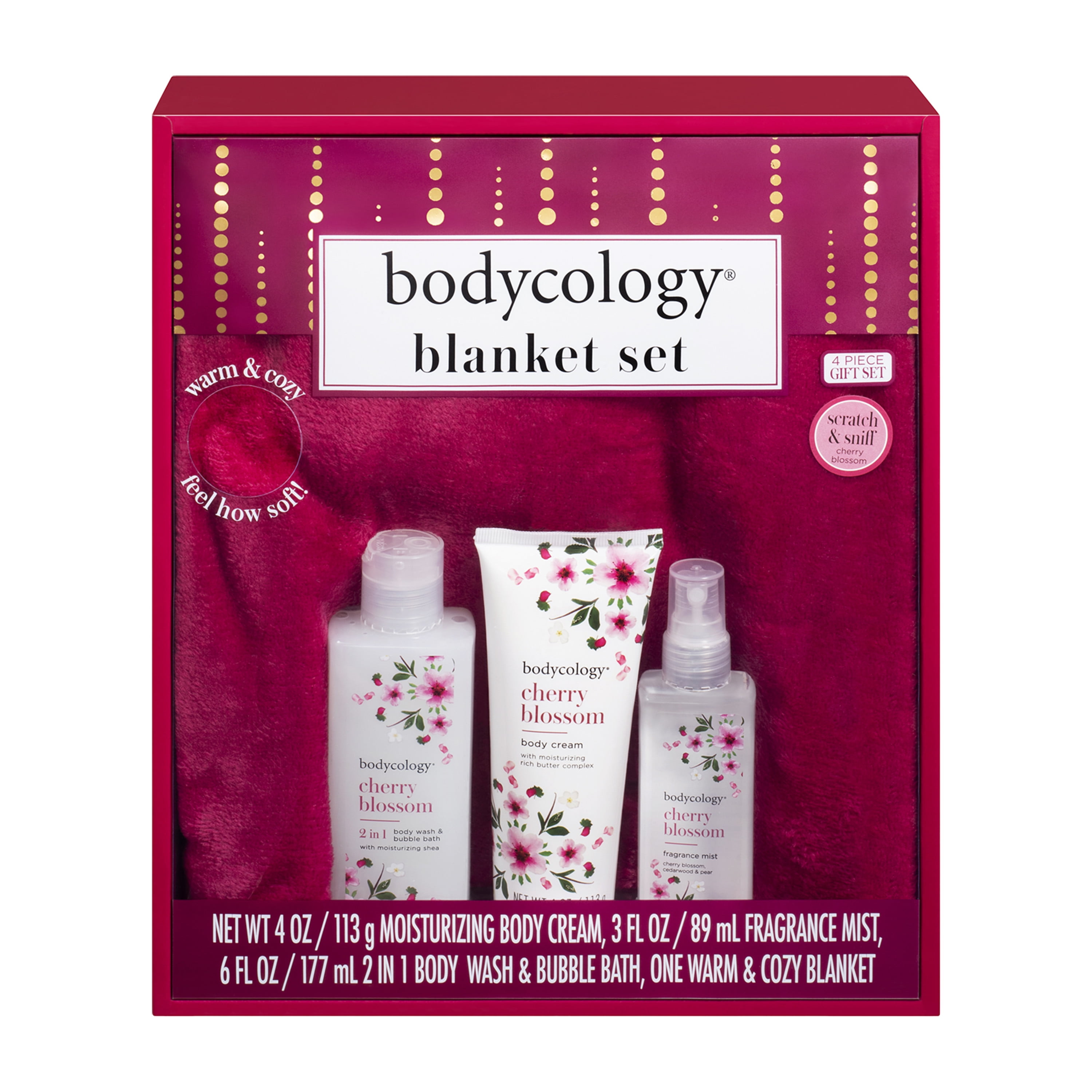 Bodycology Cherry Blossom Bath and Body Set with Blanket, 4 Piece