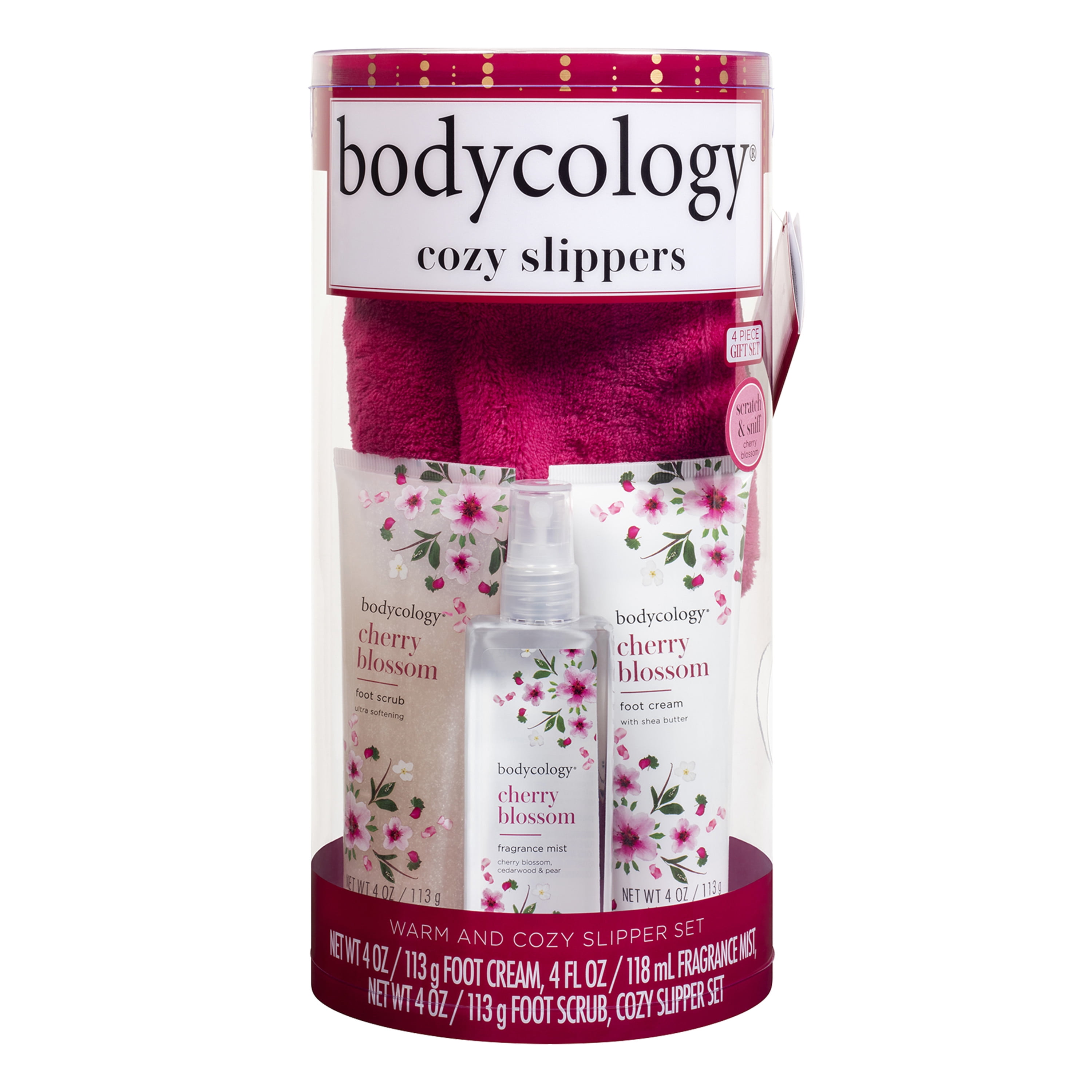 Bodycology Cherry Blossom Body & Foot Care Set with Cozy Slippers, 4 Piece