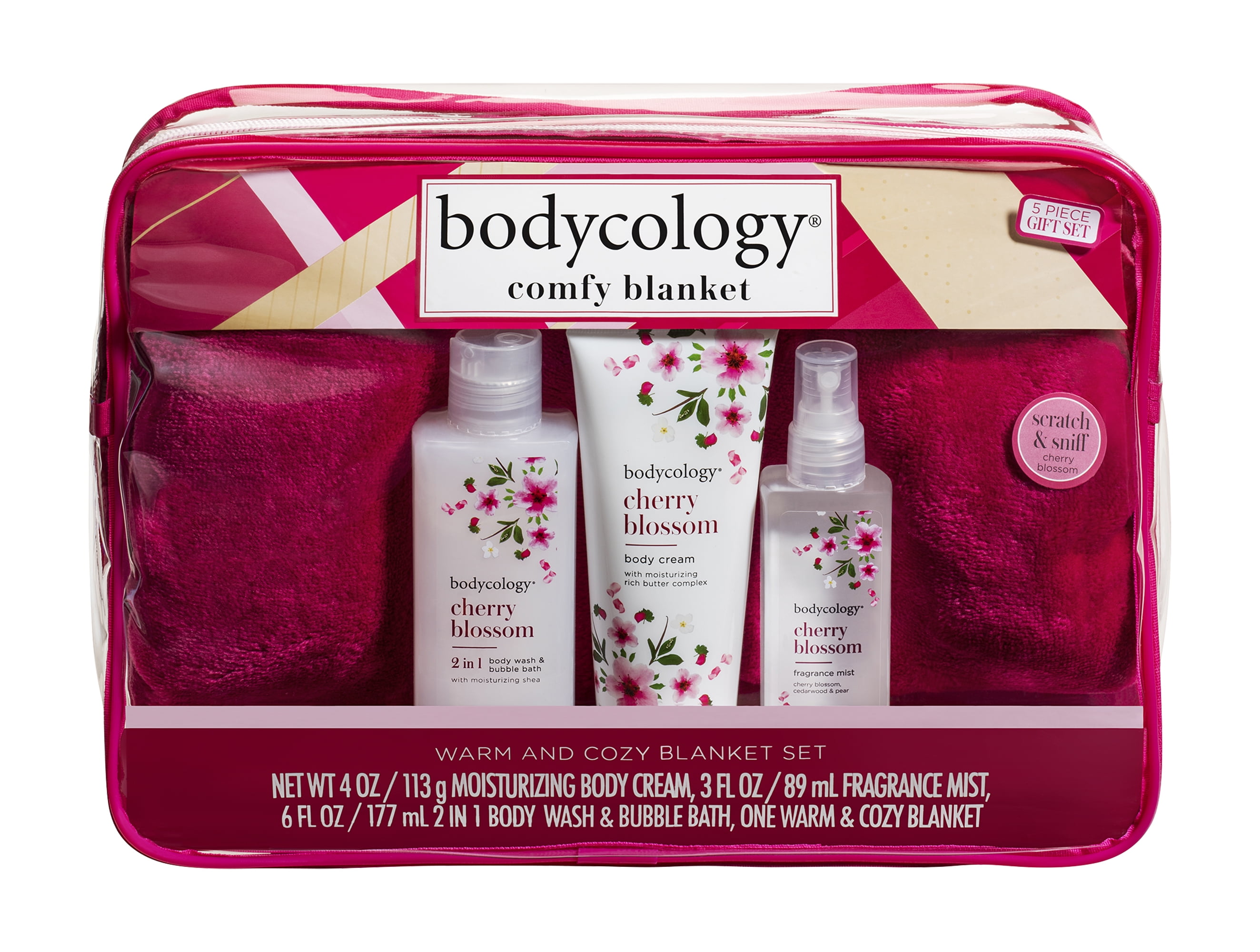 Bodycology Cherry Blossom Comfy Blanket Bath and Body Gift Set, 5 PC
