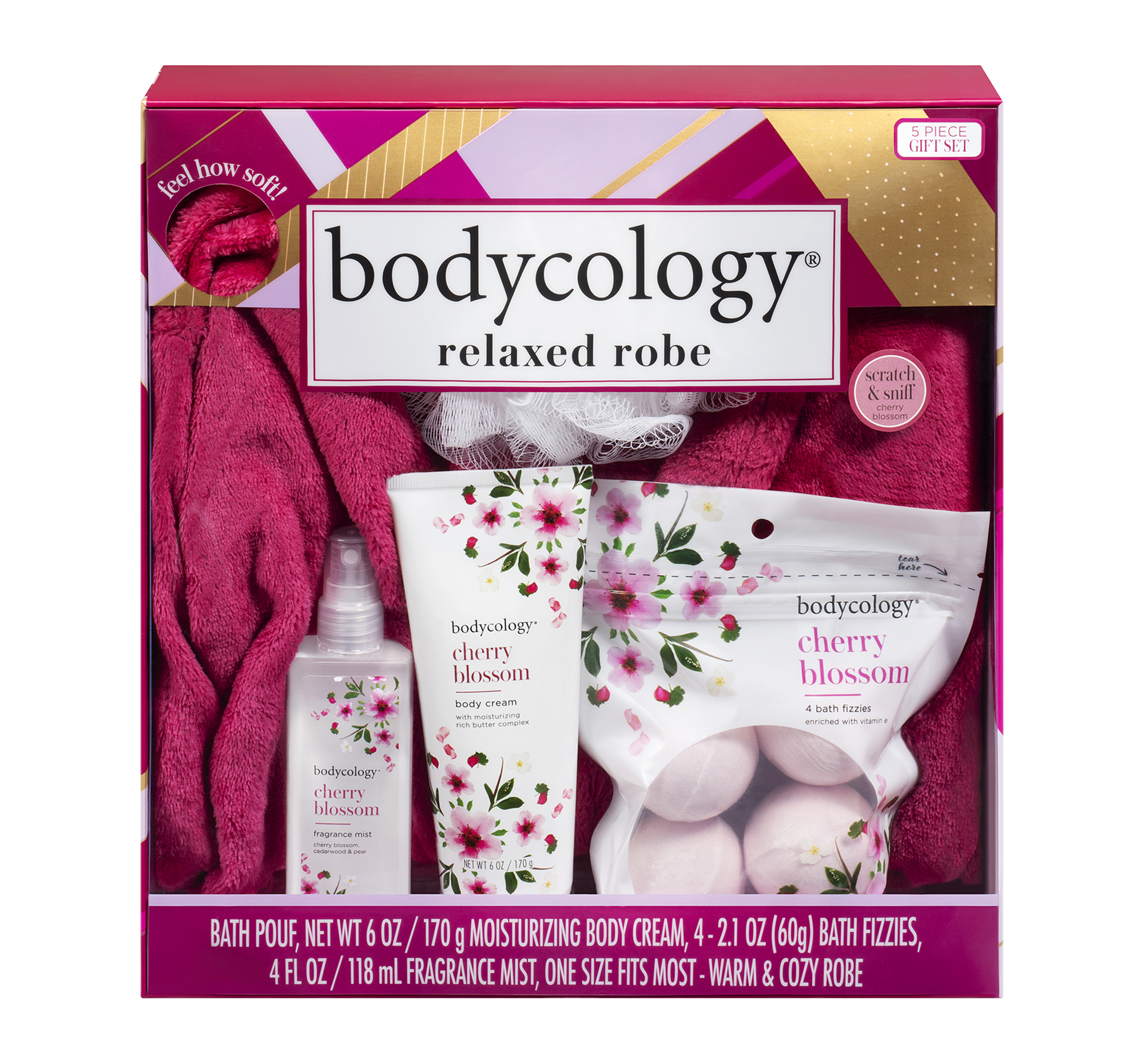 Bodycology Cherry Blossom Relaxed Robe Bath & Body Gift Set, 5 PC - image 1 of 6