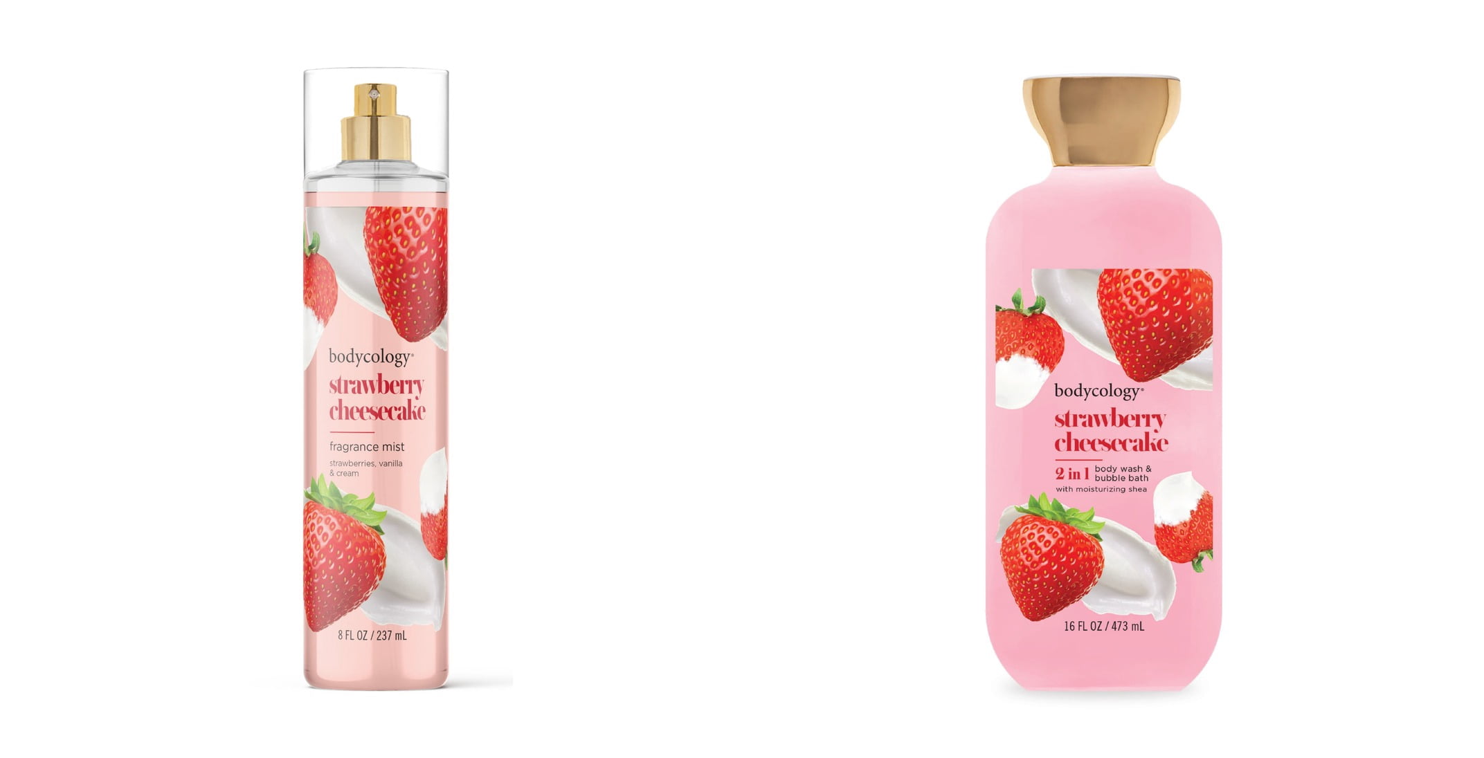 Bodycology Fragrance Body Mist, Strawberry Cheesecake & Bodycology Strawberry Cheesecake 2-in-1 Body Wash & Bubble Bath Bundle
