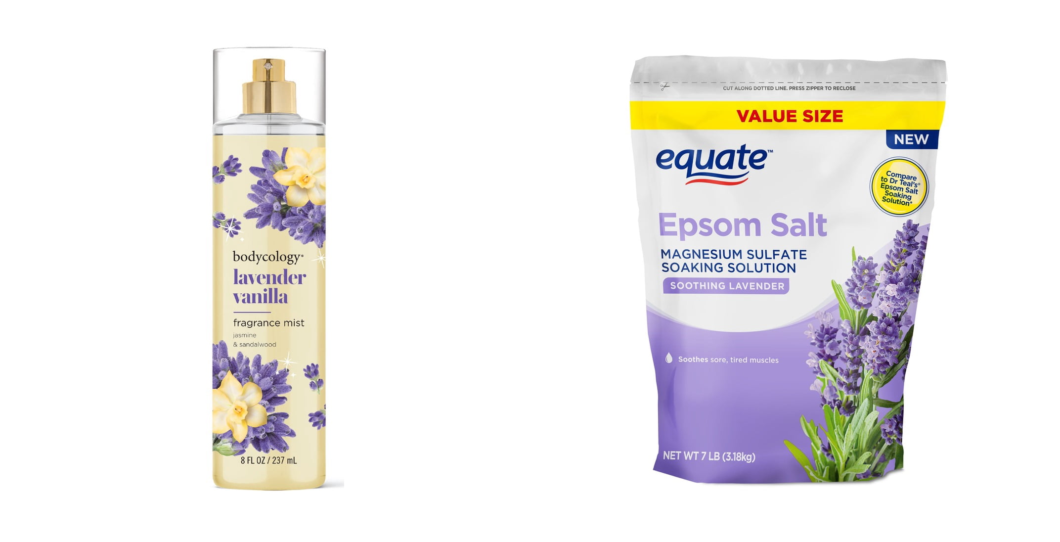 Bodycology Long-Lasting Fragrance Body Mist, Lavender Vanilla & Equate Epsom Salt Soaking Solution, Soothing Lavender, 7 lbs Bundle
