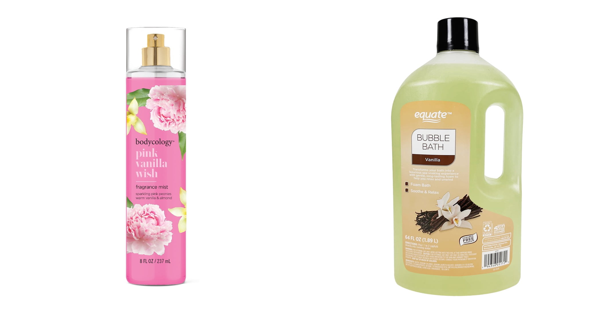 Bodycology Pink Vanilla Wish Body Mist, 8 fl.oz. & Equate Bubble Bath, Vanilla Bundle