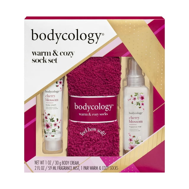 Bodycology Warm & Cozy Sock Set with Cherry Blossom Fragrance Mist & Cream, 3 PC