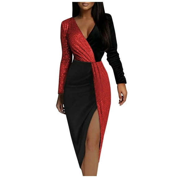 Sexy Bodycon Club Dresses for Women Long Sleeve Color Block Dress with High Slit V Neck Evening Party Dress