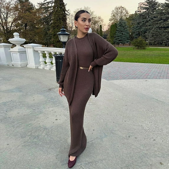 Bodycon Dress & Cardigan Set (M, CoffeeBrown)