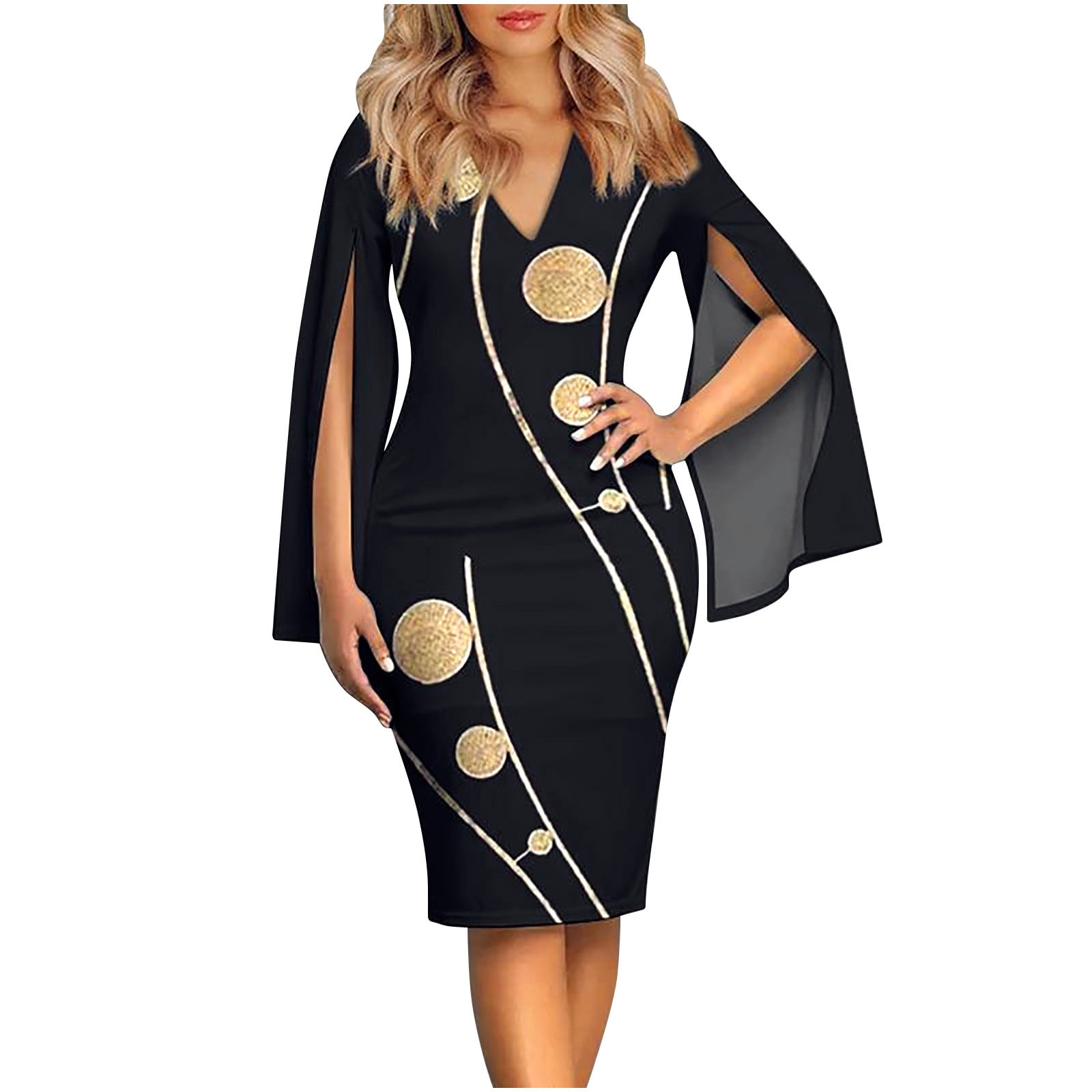 Bodycon Dress QUYUON Women Elegant Split Long Sleeve V Neck Pencil