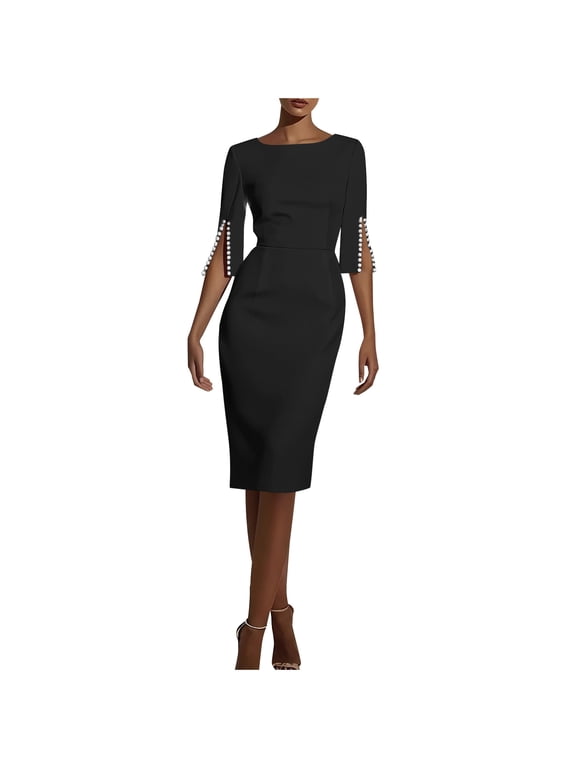 Bodycon Dresses For Women Sevevn Women's Temperament Solid Color Split 3/4 Sleeve Round-Neck Body-Con Pencil Dresses