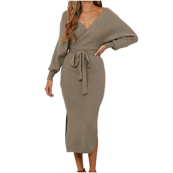 Bodycon Dresses For Women Sevevn Women's V Neck Sweater Dresses Batwing Long Sleeve Backless Bodycon Long Dress with Belt