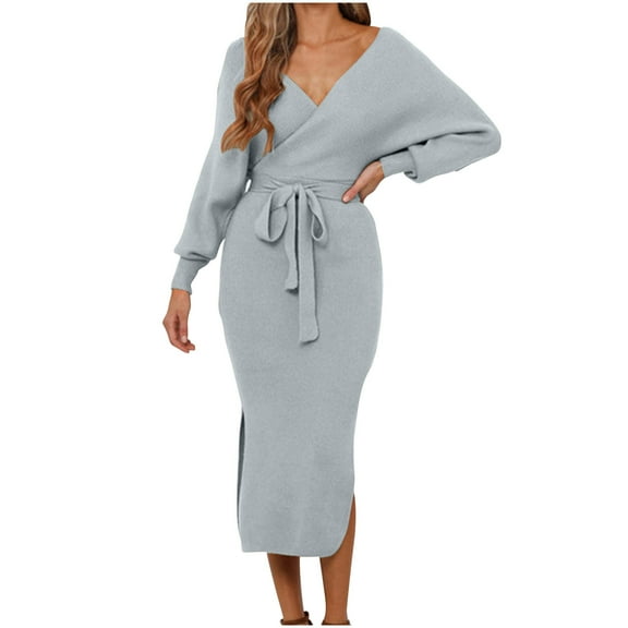 Bodycon Dresses For Women Sevevn Women's V Neck Sweater Dresses Batwing Long Sleeve Backless Bodycon Long Dress with Belt