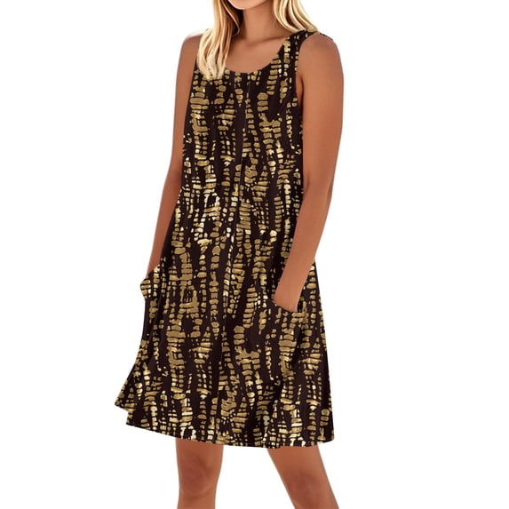 Bodycon Dresses For Women, Casual Tank Sundress With Pockets Floral Boho Beach T Shirts Round Neck Dresses Mother Of Bride Navy Blue Formal Women Bohemian Outfits (M, Light Brown) ZMTing