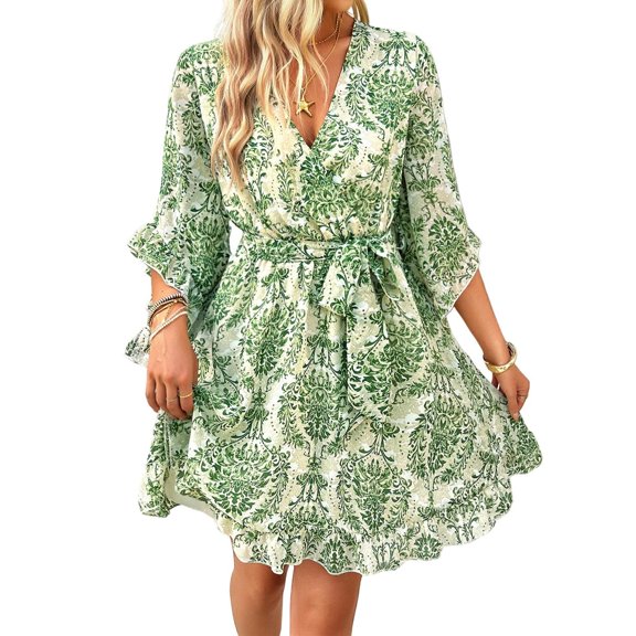 Bodycon Dresses For Women, Hawaiian Wedding Guest Vintage Floral V Neck Half Sleeve Tunic Casual Mini Fall Dresses Women Hot Pink Sundresses 2025 2024 Semi Dresses Midi Dresses (L, Green) ZMTing