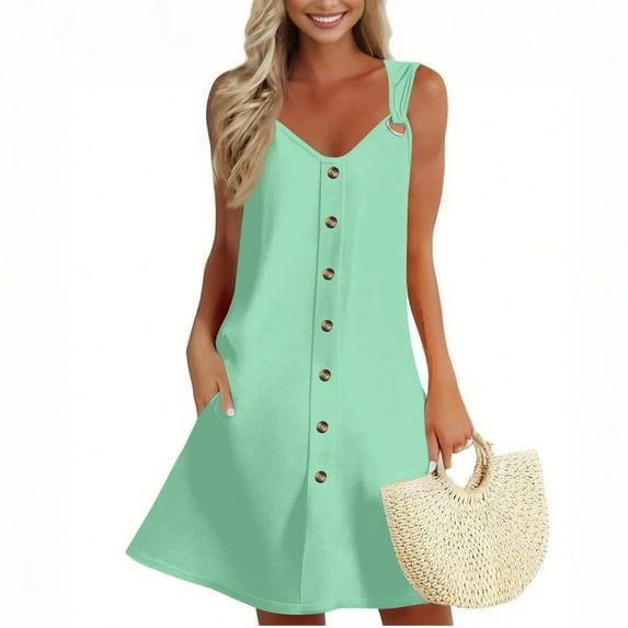 Bodycon Dresses For Women, Tank Sundress Casual V Neck Sleeveless Button Down Beach Dress With Pockets Black Funeral Dresses Women Mini Summer Cute Dresses Clothes Dresses (L, Mint Green) ZMTing