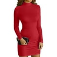 thumbnail image 1 of Bodycon Dresses for Women Long Sleeve Dress Casual Crew Neck Slim Fitted Fleece Midi Dresses Red, 1 of 9