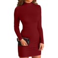 thumbnail image 1 of Bodycon Dresses for Women Long Sleeve Dress Casual Crew Neck Slim Fitted Fleece Midi Dresses Wine, 1 of 8