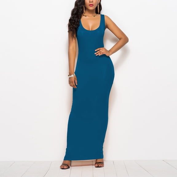 Bodycon Dresses for Women Sleeveless Crew Neck Slim Fit Stretchy Trendy Solid Comfort Going Out Maxi Dress Fall
