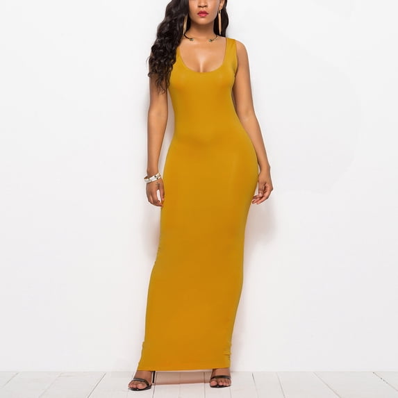 Bodycon Dresses for Women Sleeveless Crew Neck Slim Fit Stretchy Trendy Solid Comfort Going Out Maxi Dress Fall